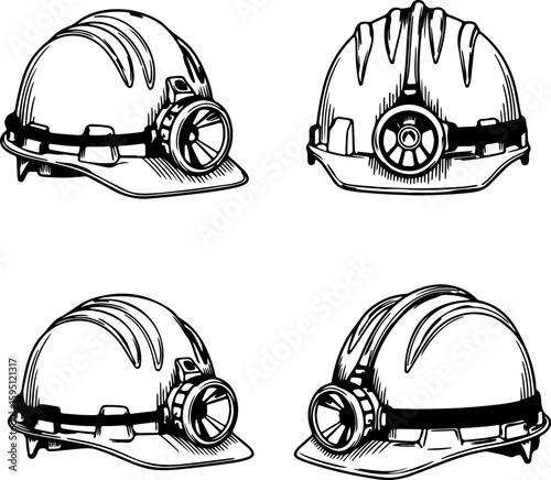 Detailed illustrations of mining helmets with headlamps showcasing different angles