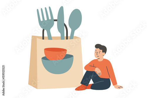 Vector illustration representing a zero waste lifestyle, where characters purchase and utilize environmentally friendly, plastic-free, reusable, and recyclable items to highlight concerns regarding
