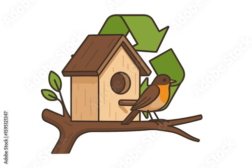 The idea of updates, utilizing a milk box as a secondary bird feeder, presented in vector form on a white background
