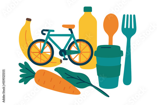 Vector illustration of zero waste collection featuring hand drawn lettering, eco-friendly grocery bag, assorted vegetables and fruits, bicycle, glass jars, wooden cutlery, comb, toothbrush, menstrual