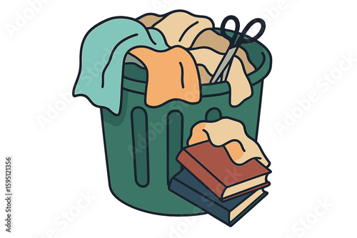 Eco-friendly reusable textile in container, used apparel donation, recyclable garments and items for reusing, represented by recycled clothes in waste bin, in a flat vector illustration isolated on