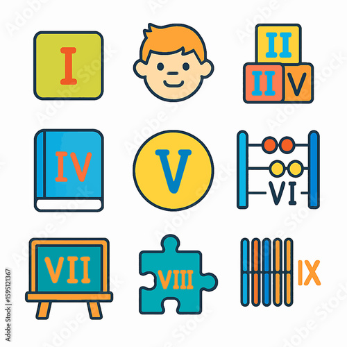 Child learning education with roman numerals, abacus, book, puzzle, and blackboard