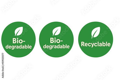 Eco sign, 100 percent biodegradable recycle stamp, vector reusable plastic bio package logo icon set