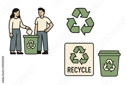 Vector illustration set depicting abstract concepts of waste disposal and reuse, including garbage collection, government-mandated recycling, upcycling, curbside programs, and reducing consumption