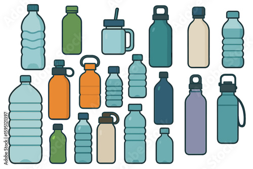 Eco-friendly water bottles set - zero waste tips - reduce plastic waste illustration - green alternative to plastic bottles for an ecological lifestyle