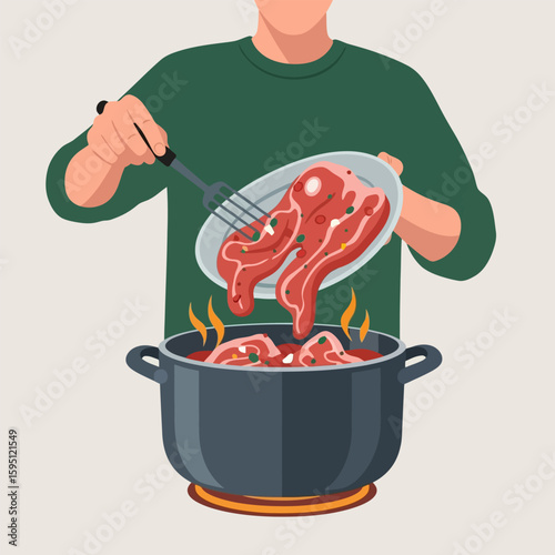 Adding Raw Meat Into a Cooking Pot for Stew Preparation