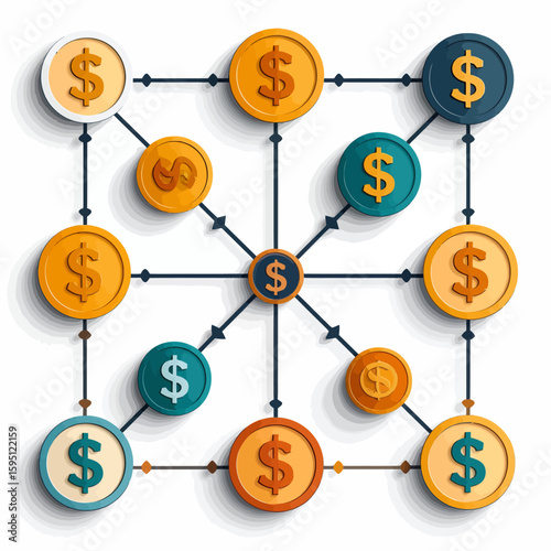 Interconnected currency icons depicting a decentralized financial network and money growth for