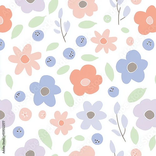 Pastel Floral Pattern with Soft Colors and Delicate Leaves