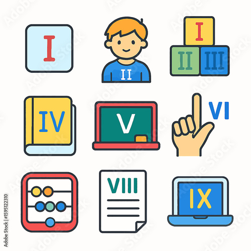Childrens educational icons showing Roman numerals and school supplies