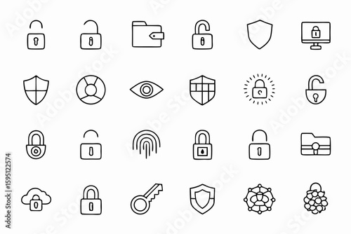 A broad security-oriented bundle focused on access, protection, and control—ideal for enterprise UIs, digital product icons, and warning labels.