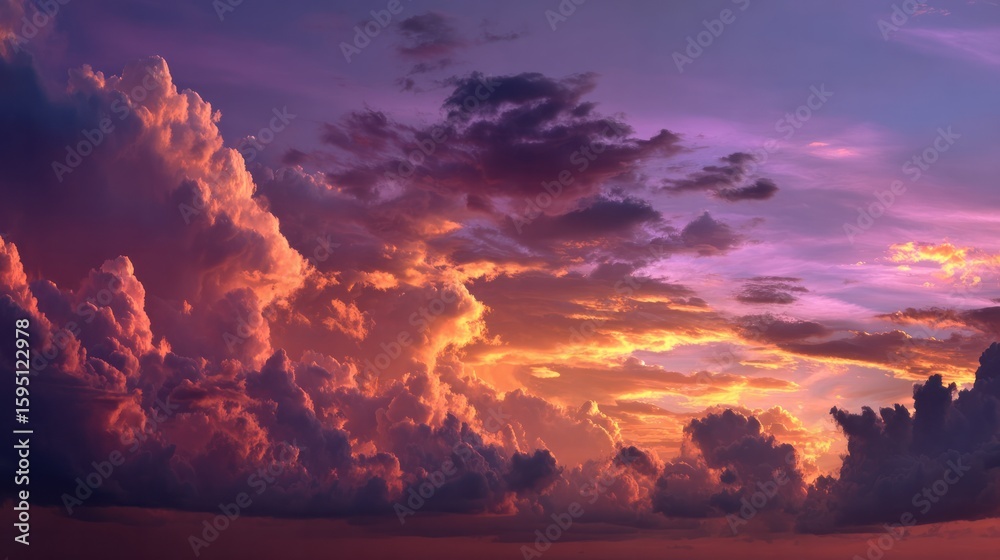 Fototapeta premium The golden sunset shrouds the tranquil landscape, the warm light passes through the clouds, and the colors of orange and purple blend together