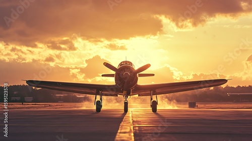 Vintage airplane sits poised on the runway, awaiting flight beneath a golden sunset