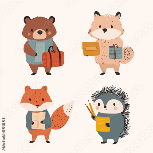 Adorable group of woodland animals including bear, squirrel, fox and hedgehog holding backpacks, notebooks and pencils, drawn in bold childlike style, ideal for nursery decor, printables and kids pack
