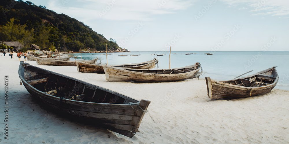 Serene Coastal Scene: Wooden boats resting peacefully on a sandy shore. Turquoise water and a mountainous backdrop create a sense of calm. Serene Coastal Scene: Wooden boats resting peacefully on a sandy shore. Turquoise water and a mountainous backdrop create a sense of calm.