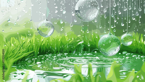 Refreshing water droplets illustration on grass and puddles for nature and eco-themed art