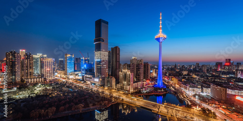 Slika na platnu High angle night View of city skyline and TV Tower in shenyang, Liaoning, China