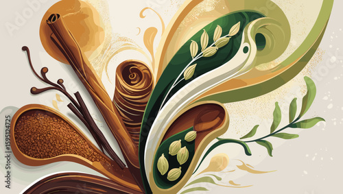 Colorful illustration of spices, herbs, and plants in a decorative style for culinary art