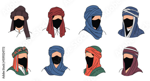 Illustrations of men wearing traditional headwear and face coverings from various cultures demonstrating diverse styles