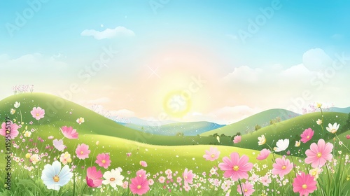 Glowing LED artwork of a countryside scene in spring--rolling green hills, a rising sun, and blooming wildflowers in full light.