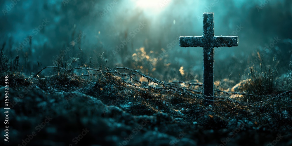 Naklejka premium Cross surrounded by mist and frost in a tranquil landscape at dawn creating an eerie yet peaceful atmosphere