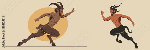 Running satyr in dynamic pose against warm background