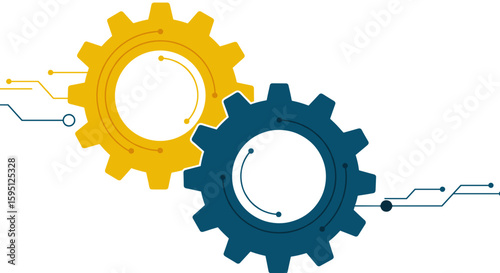 Two interconnected gears in blue and yellow, two gears connected 