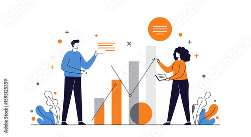 Business professionals discussing data analysis with graphs, two people with chart 