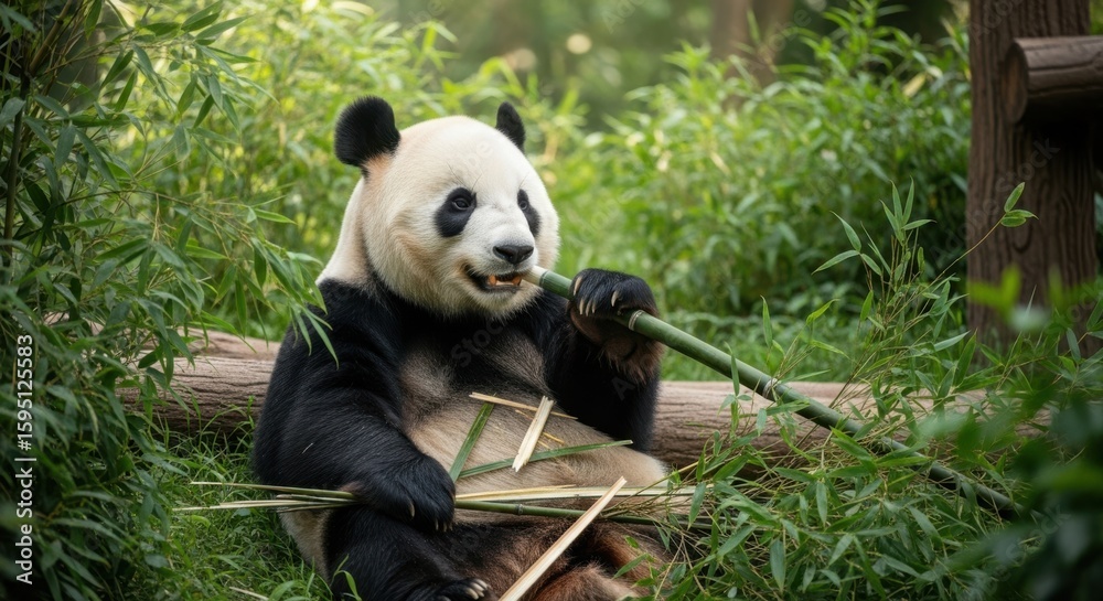 Obraz premium Giant Panda Eating Bamboo in Lush Green Forest Habitat