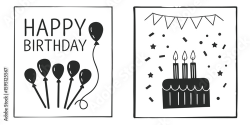 Hand Drawn Happy Birthday Card Elements with Balloons and Cake on Transparent Background Two hand