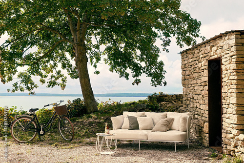 Canvas Print Luxury villa terrace with sea view and swimming pool, outdoor lounge for summer