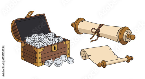Ancient wooden treasure chest overflowing with sparkling diamonds and old parchment scrolls for your next adventure quest