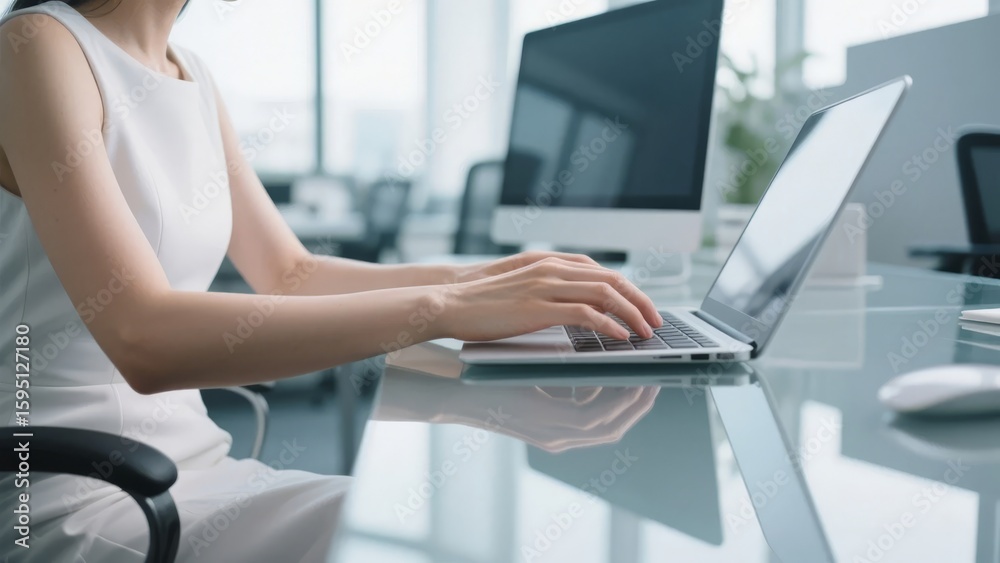 Fototapeta premium Professional working on a laptop in a modern office setting