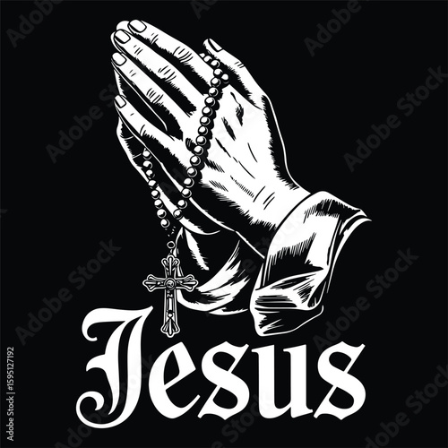Praying Hands with Rosary and Jesus