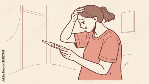 Worried Young Woman Holding Pregnancy Test Result, Expressing Shock and Despair. Unwanted Pregnancy or Fertility Concern Concept. Emotional Reactio...
