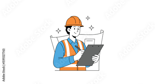 Skilled construction worker professionally inspects blueprint documents while holding a clipboard and pen during a workday
