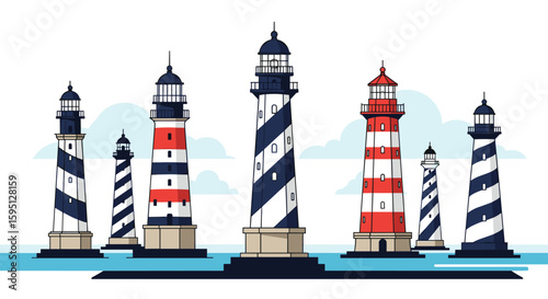 Collection of tall historic navigation beacons standing proudly above ocean waters guiding ships safely