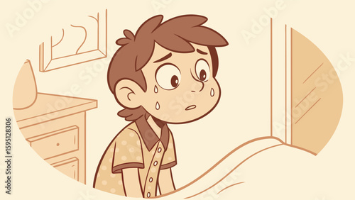 Distressed Young Boy Crying in Bedroom - Emotional Child Cartoon Illustration with Tears and Sadness, Sepia Tone