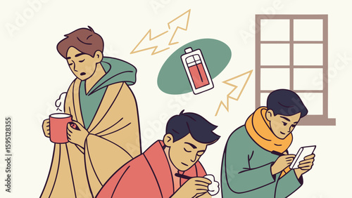 Individuals Experiencing Seasonal Cold and Flu Symptoms with Low Energy, Depicted as Battery Icon in Flat Illustration Style