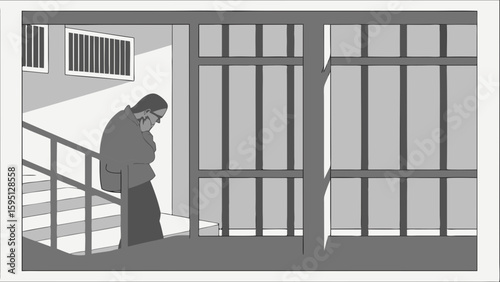 Grayscale Illustration of a Man in Deep Thought, Surrounded by Bars, Symbolizing Confinement, Isolation, and Mental Anguish