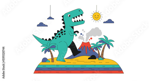 Cute cartoon Tyrannosaurus Rex dinosaur with volcanic eruption and tropical trees under bright sun and clouds a whimsical prehistoric landscape illustration