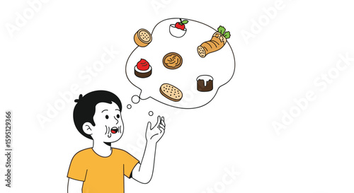 Young boy imagining a variety of delicious food items and snacks in a thought bubble above his head