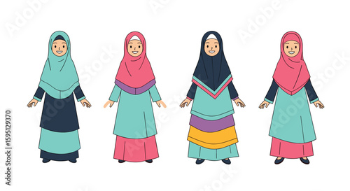 Four Diverse Women Wearing Colorful Islamic Modest Clothing and Hijab Headscarves Showcasing Different Styles and Colors of Traditional Muslim Attire