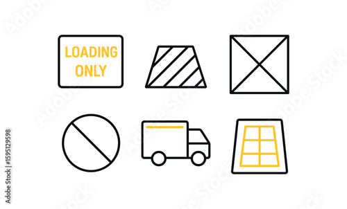outline stroke icon yellow lettered LOADING , striped delivery space, painted dock guide lines, hash marked parking ban, box truck load line, freight access marking, monoline icons style isolated