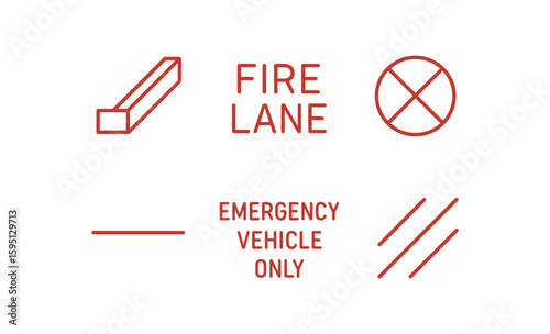outline stroke icon red painted curb, FIRE LANE lettering, stopping symbol, continuous boundary strip, emergency vehicle text, parallel warning mark, monoline icons style isolated