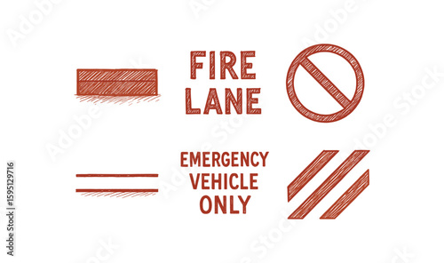 hand drawn icon red painted curb, FIRE LANE lettering, stopping symbol, continuous boundary strip, emergency vehicle text, parallel warning mark sketch drawing style icons style isolated