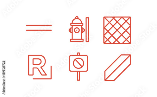 outline stroke icon dual line red lane, hydrant adjacent marking, crosshatched extension, reflective letter curb edge, enforcement notice zone, high visibility stripe, monoline icons style isolated