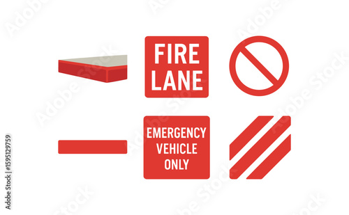 objects red painted curb, FIRE LANE lettering, stopping symbol, continuous boundary strip, emergency vehicle text, parallel warning mark solid color icon, outline, vector fills, palette, minimal , iso