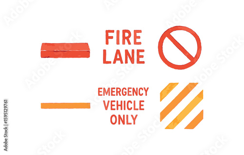 watercolor icon red painted curb, FIRE LANE lettering, stopping symbol, continuous boundary strip, emergency vehicle text, parallel warning mark paint colored isolated
