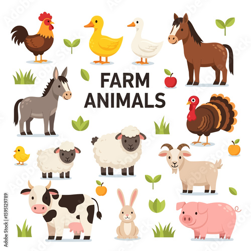 Adobe illustrator vector artwork set of various cute farm animals including a rooster, duck, goose, horse, donkey, chick, sheep, turkey, goat, cow, rabbit, and pig. Perfect for children's books