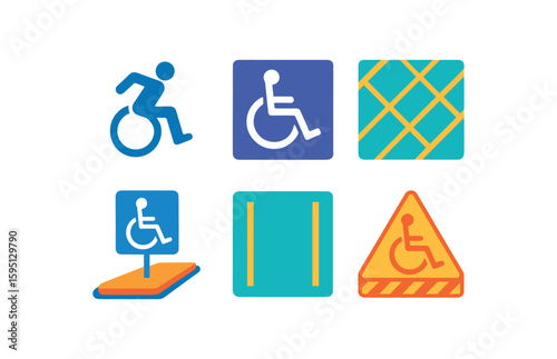 objects updated dynamic wheelchair icon, freshly painted access logo, crosshatched adjacent space, symbol near curb ramp, wide space marking, warning line outline solid color icon, outline, vector fil